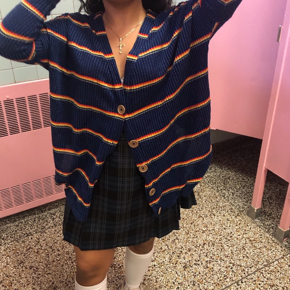 Navy Blue orange & yellow thin striped sweater